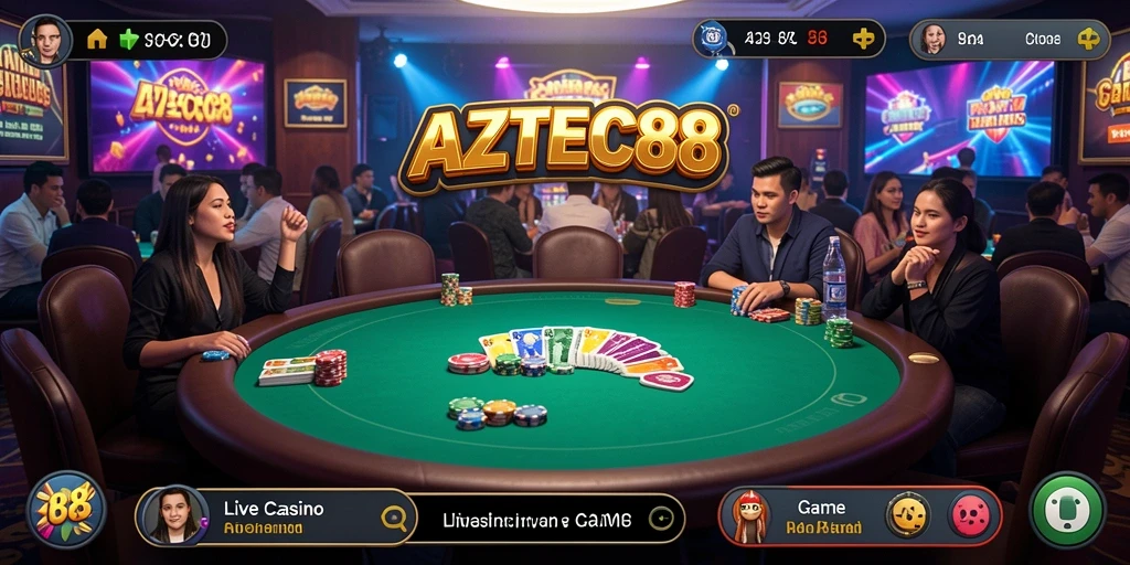 Tampilan live gameplay AZTEC88 dengan dealer profesional dan suasana kasino.