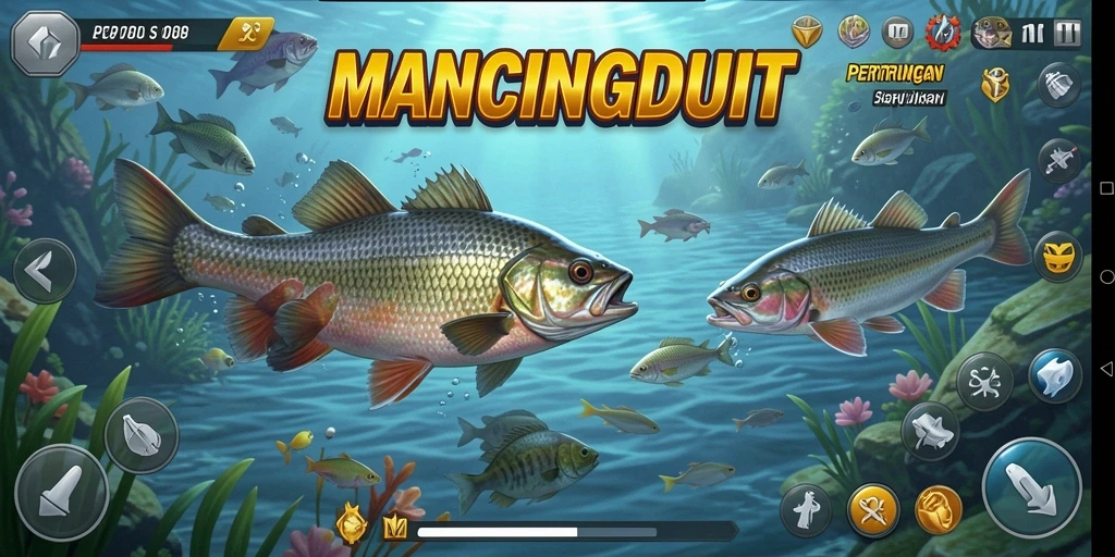 Tampilan gameplay seru dalam MANCINGDUIT saat pertempuran ikan.